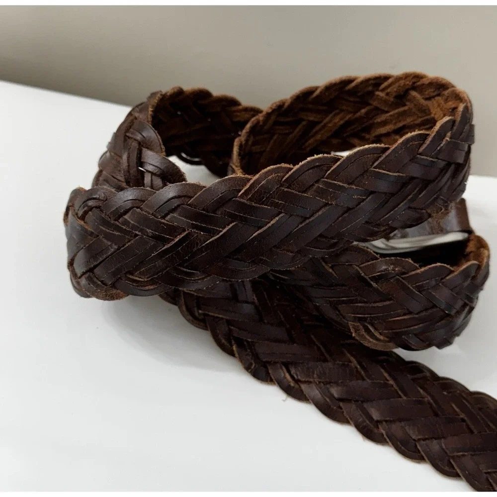 Tommy Bahama Leather Braided Belt Brown w/Silver Tone Hardware - Sz L 38-40 Wide